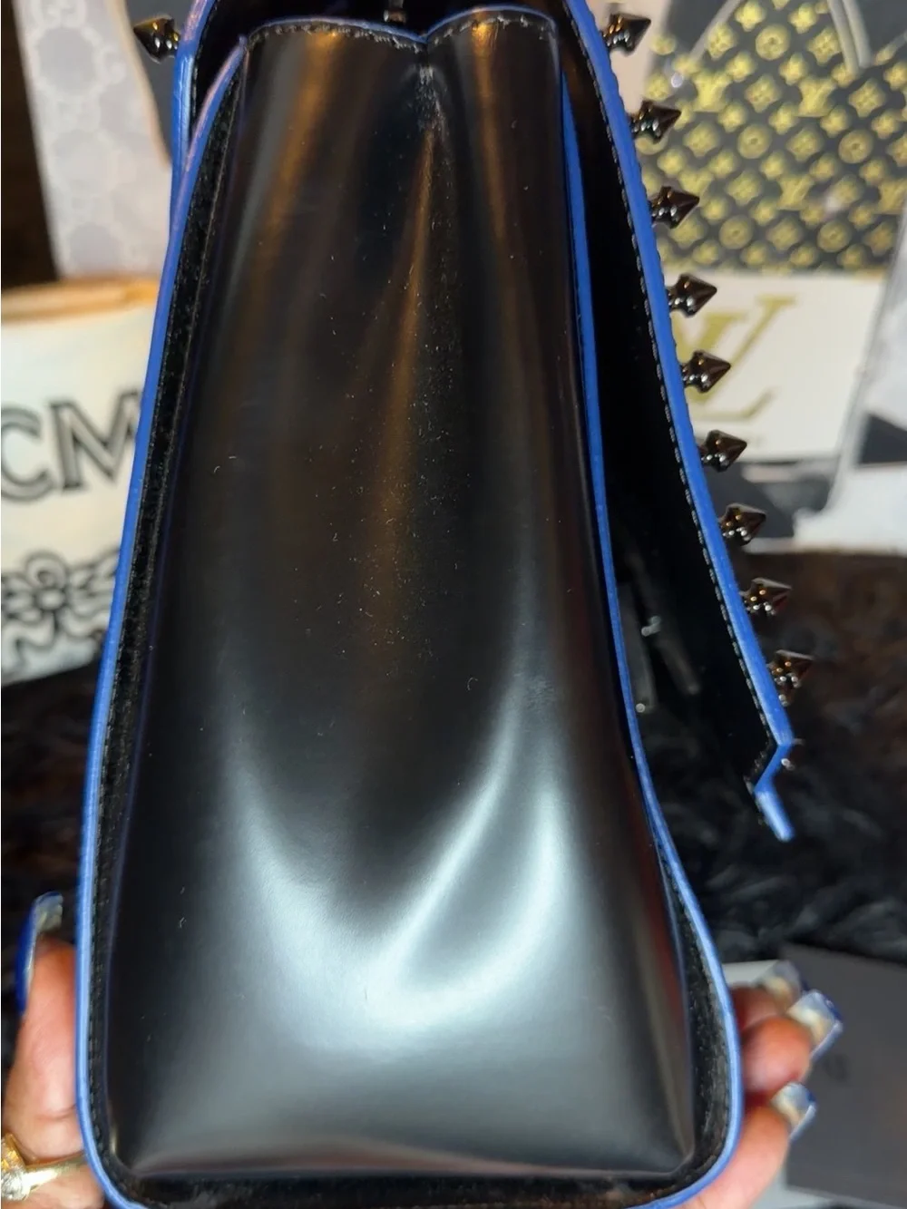 MCM Calf Skin Black Leather Top-Handle Satchel with Blue-Trim